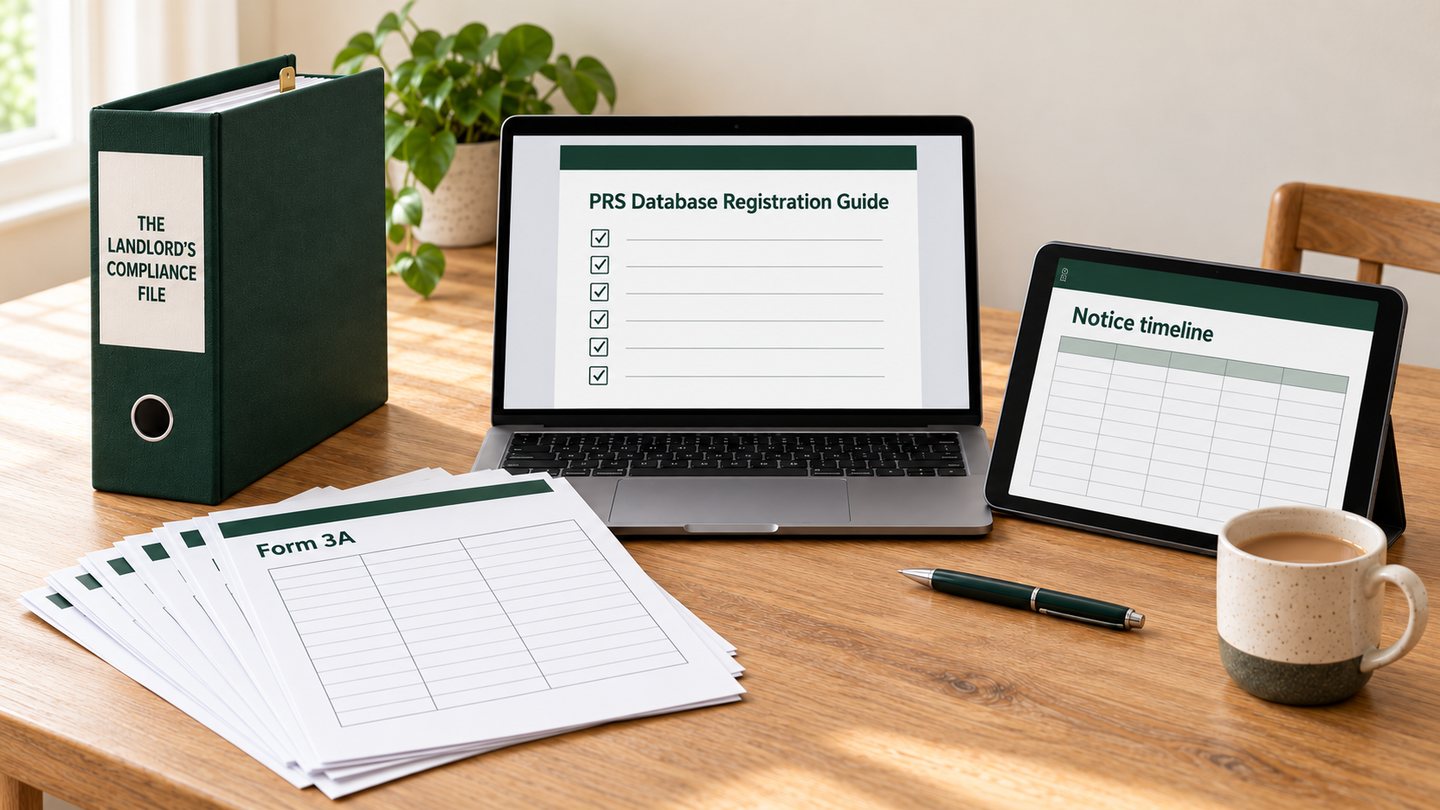 The Landlord's Compliance File: box file, Form 3A, registration guide and notice timeline on a kitchen table