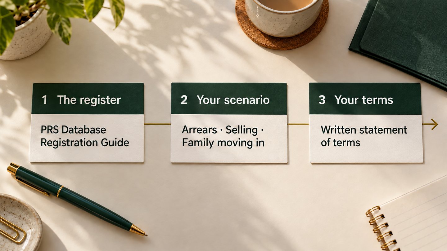 Three cards: the register, your scenario, your terms