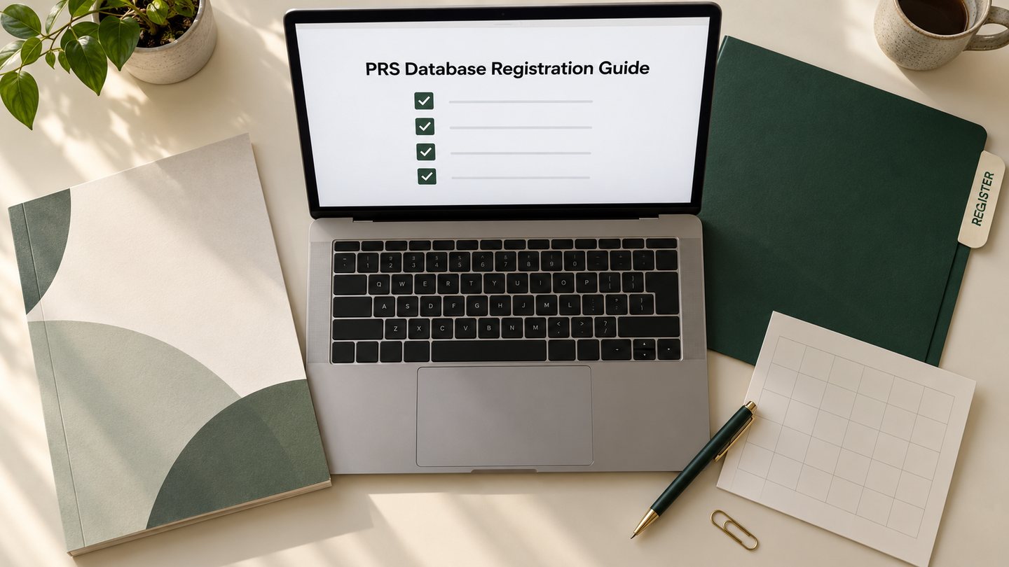 PRS Database Registration Guide on a laptop with a folder tab