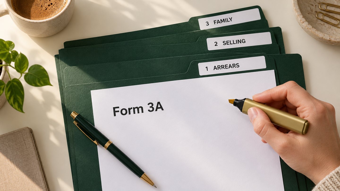 Three scenario folders: arrears, selling, family