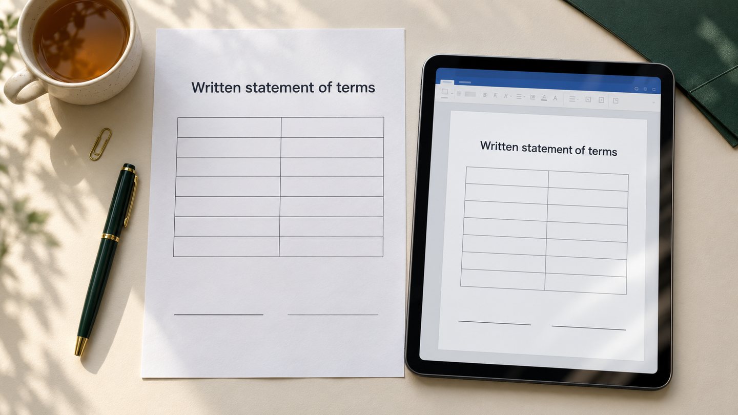 Written statement of terms model on a desk