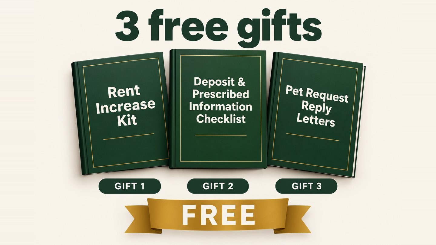 Three free gifts: Rent Increase Kit, Deposit and Prescribed Information Checklist, Pet Request Reply Letters